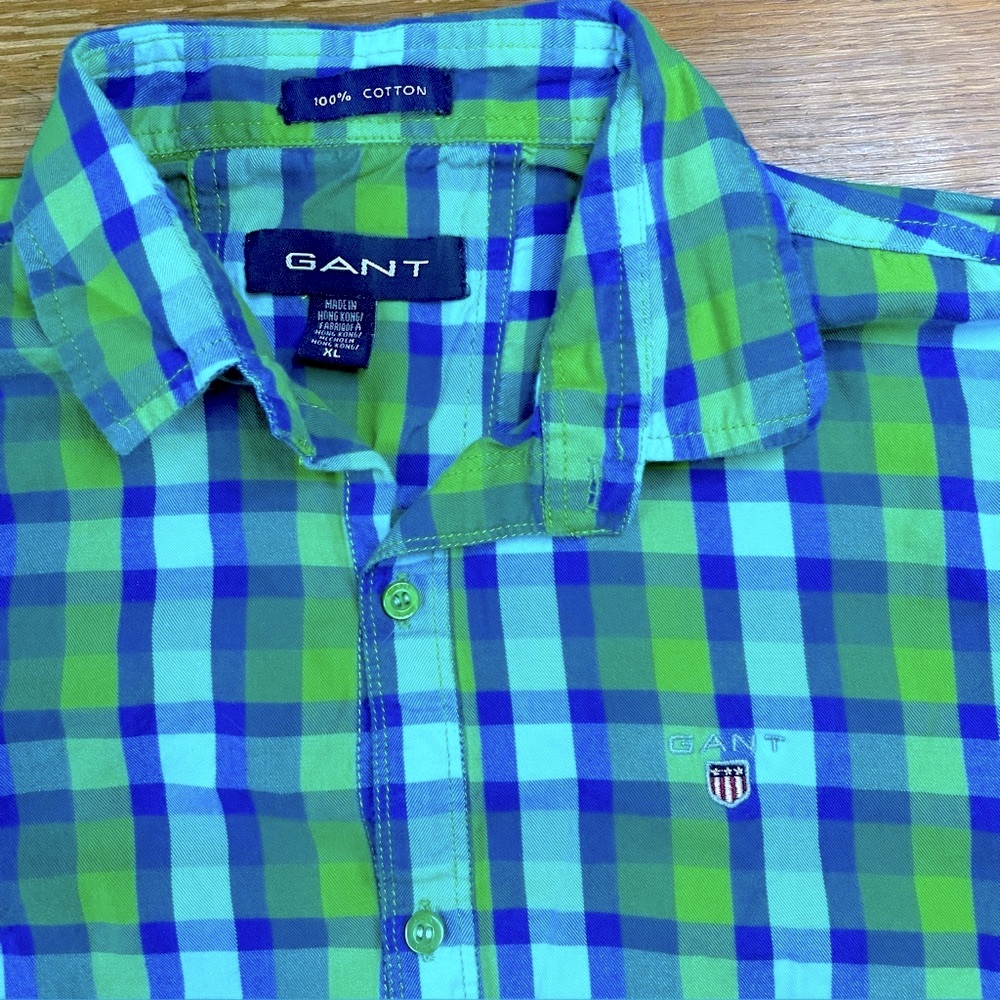 Vintage Gant Shirt Mens XL Blue Green Madras Tartan Foxhunt Plaid Preppy Outdoor